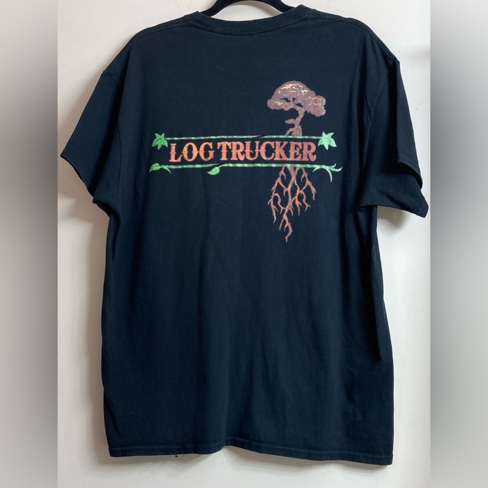 Y2K Tree with deep roots black shirt “Log Trucker”. Not sure size.